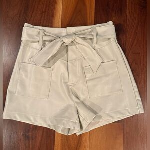 Vegan Leather High-Waist Cream Shorts by Hausen with Tie-Belt